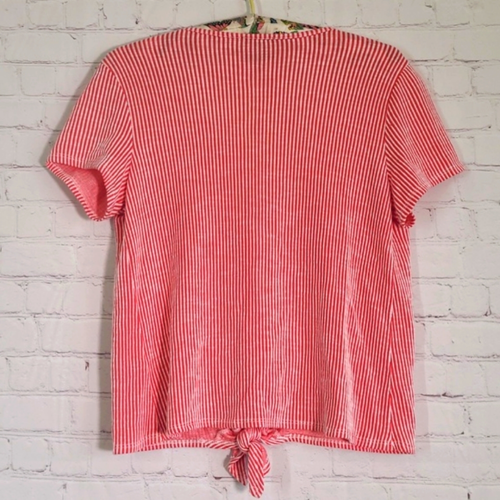 W5 Red & White Stripe Wood Button Front Tie Rockabilly Tee Tshirt Womens Size M - Picture 13 of 16